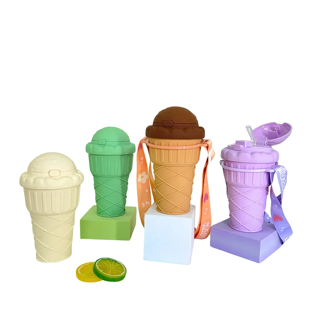 High appearance level creative ice cream shape cup portable student kids strap 500ml bpa-free plastic water bottle with straw