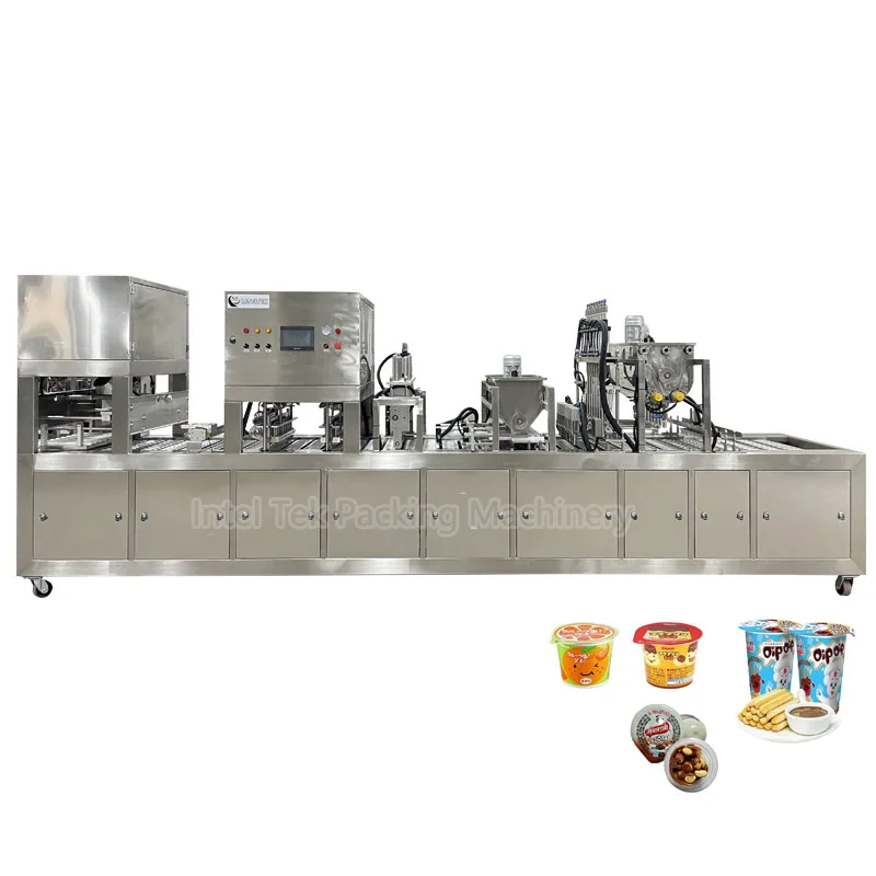 Linear Auto Chocolate Jam Sauce Biscuits Cup Filling Aluminum Foil Sealing Machine Gelatine Candy Snacks Cup Packaging Equipment