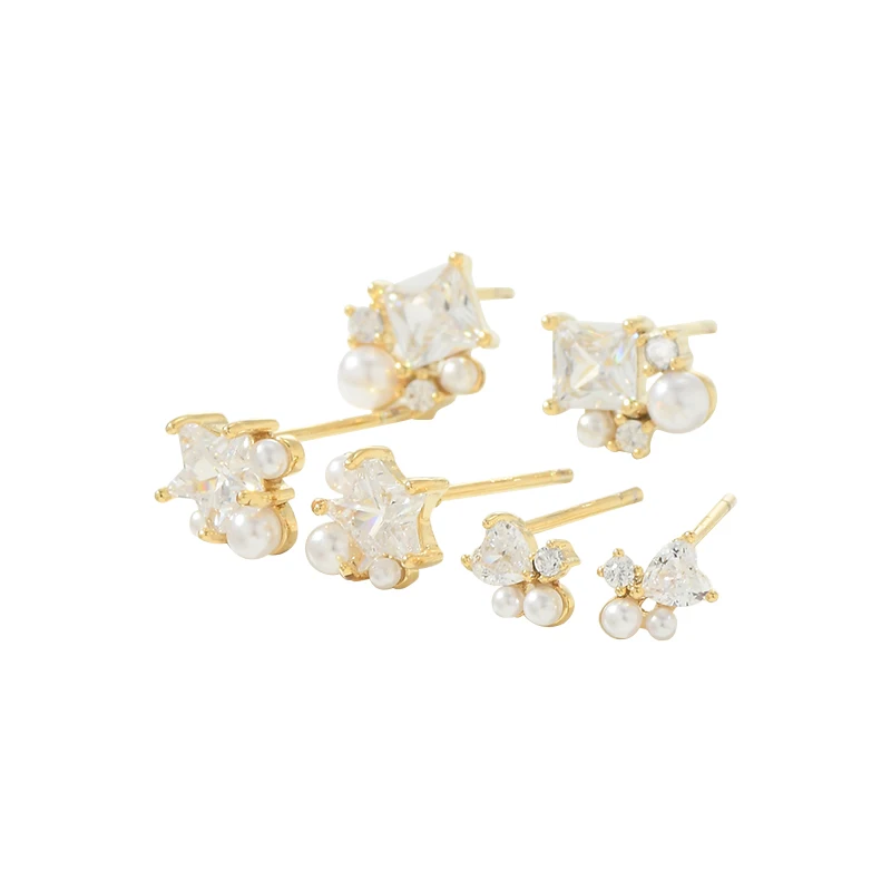 ed67602 S925 silver pin a card three pairs set of earrings female sleep without pearl square sugar small earrings delicate