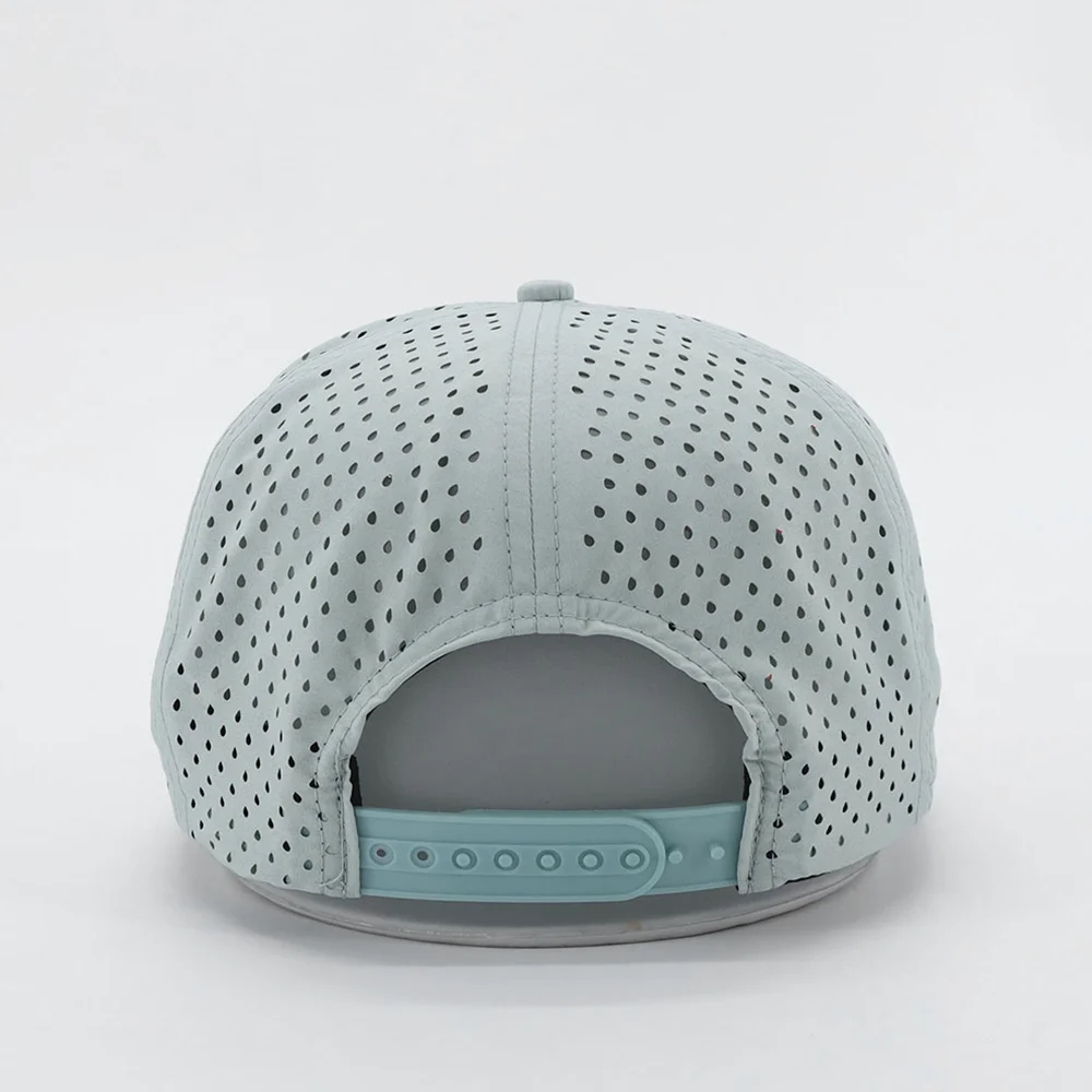 OEM Custom Embossed PVC Rubber Patch Logo 5 Panel Laser Cut Hole Perforated Rope Golf Nylon Waterproof Cap Snapback Hat
