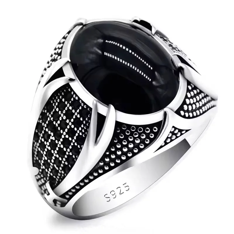 European And American Retro Oval Black Agate Stone Silver Ring For Men Yemeni Turkish Mens Jewelry
