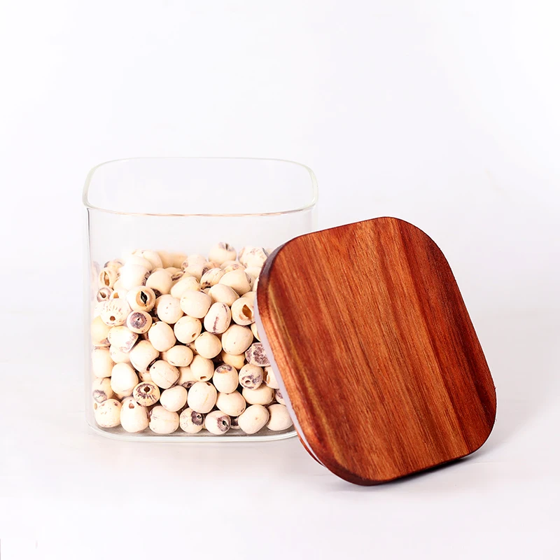 Glass Storage Canister with Acacia Wooden Lid Square Glass Jars , Glass Food Storage Containers for Pasta Coffee Rice