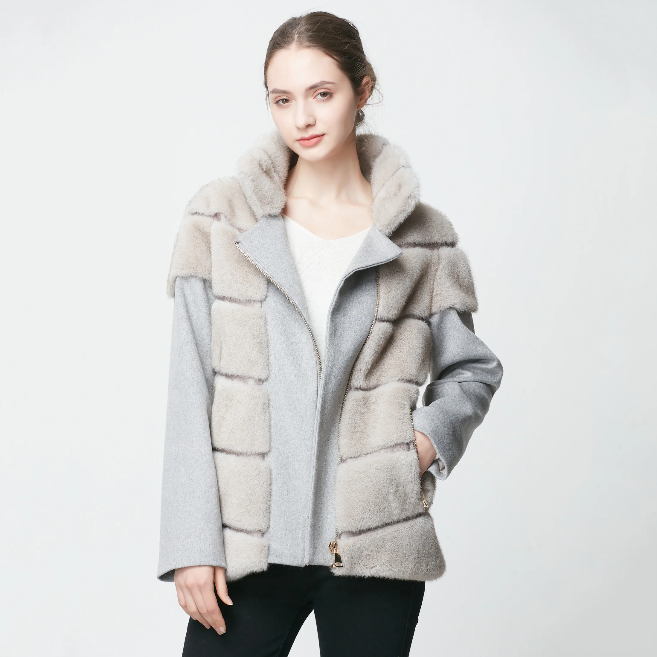 NEW Cashmere Wool Lining Spring Latest Design Leather Jacket High Quality Italian Grey Fur Coat