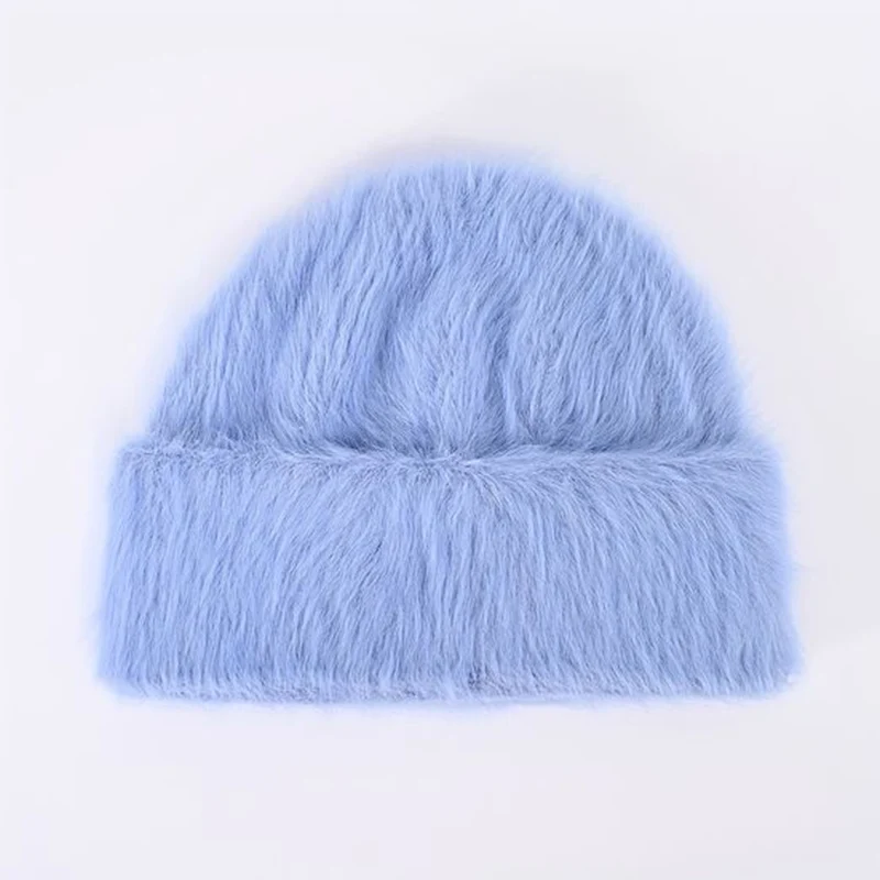 Custom Black Yellow Graphic Women Winter Knitted Hats Angola Wool Cuffed Dome Faux Fur Fuzzy Furry Beanie Cap For Female Stretch