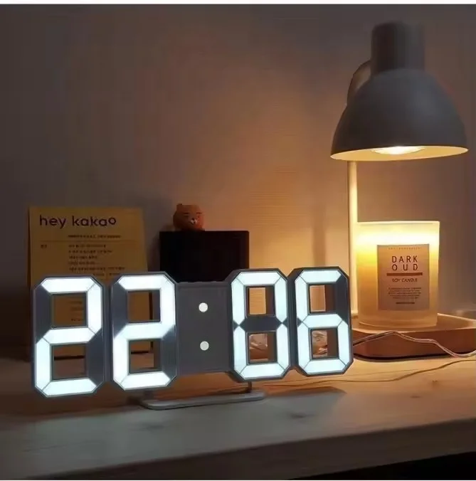 White Number Time 3D Wall Led Alarm Digital Clock with Automatic Brightness Adjustable for Modern Home Decoration