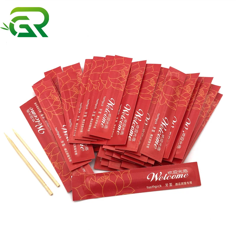 Red paper packaging custom logo double ended point bamboo wood disposable toothpicks with Independent packaging