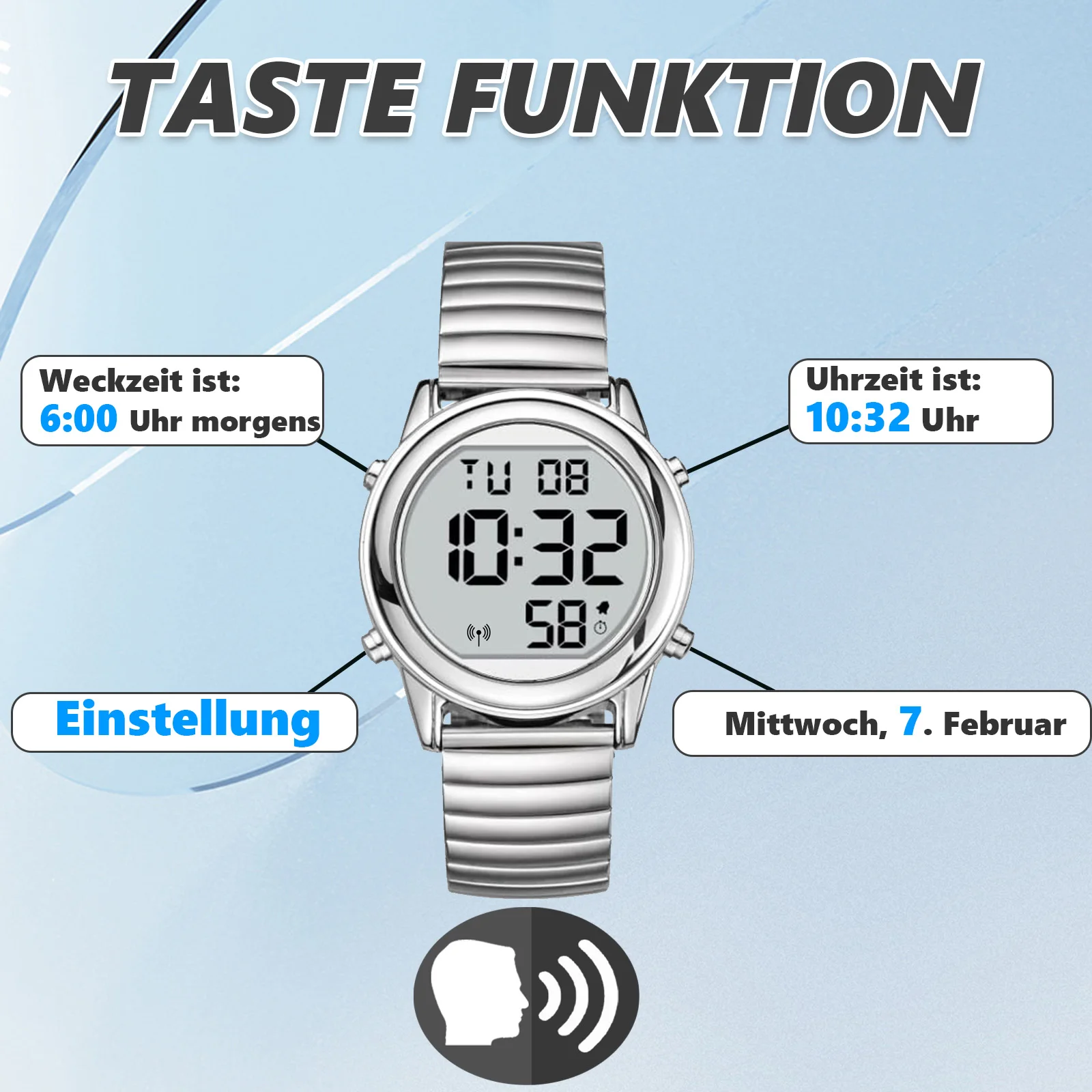 Us UK De Fr Japan Atomic Talking Watch LCD Big Number Talking Watch for The Blind or Elderly