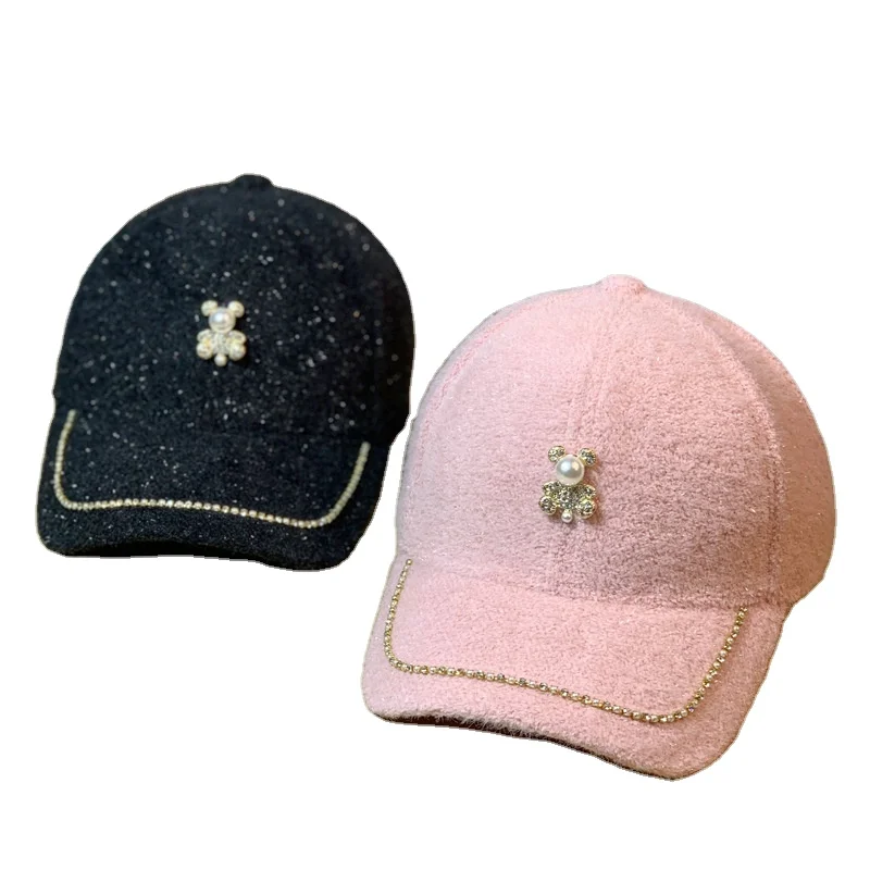 Бейсболка в Корейском стиле с изображением медведя и бриллиантов, универсальная теплая Бейсболка с солнцезащитным козырьком на осень и зиму