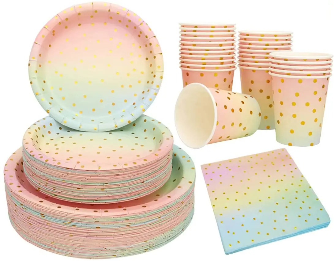 Colorful Paper Party Supplies Disposable Tableware Include Dinner Paper Dessert Plates,Cups,Napkins Straws For Party and wedding