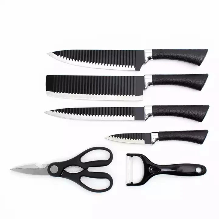 WONDERFUL Professional Household Black Stainless Steel Cutting Cutter Corrugated Non Stick Coating Kitchen Chef 6pcs Knife Set