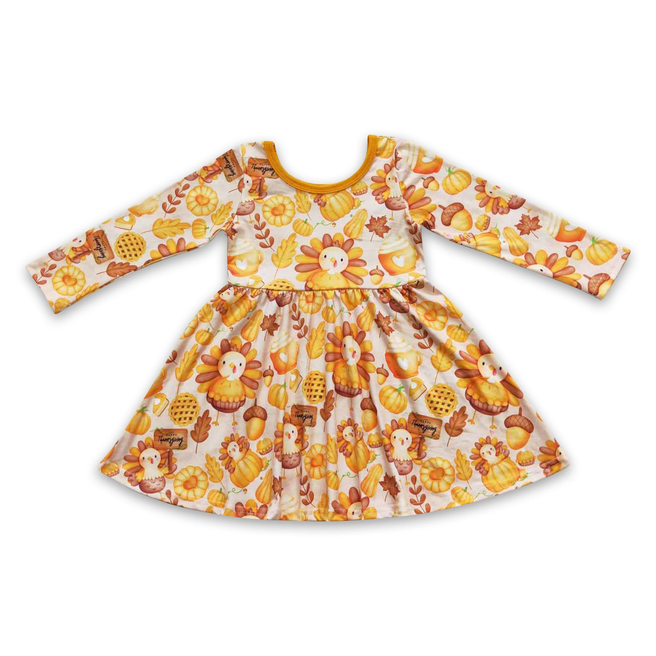 Turkey acorn pumpkin pie print light yellow long sleeves kids dress girls clothing