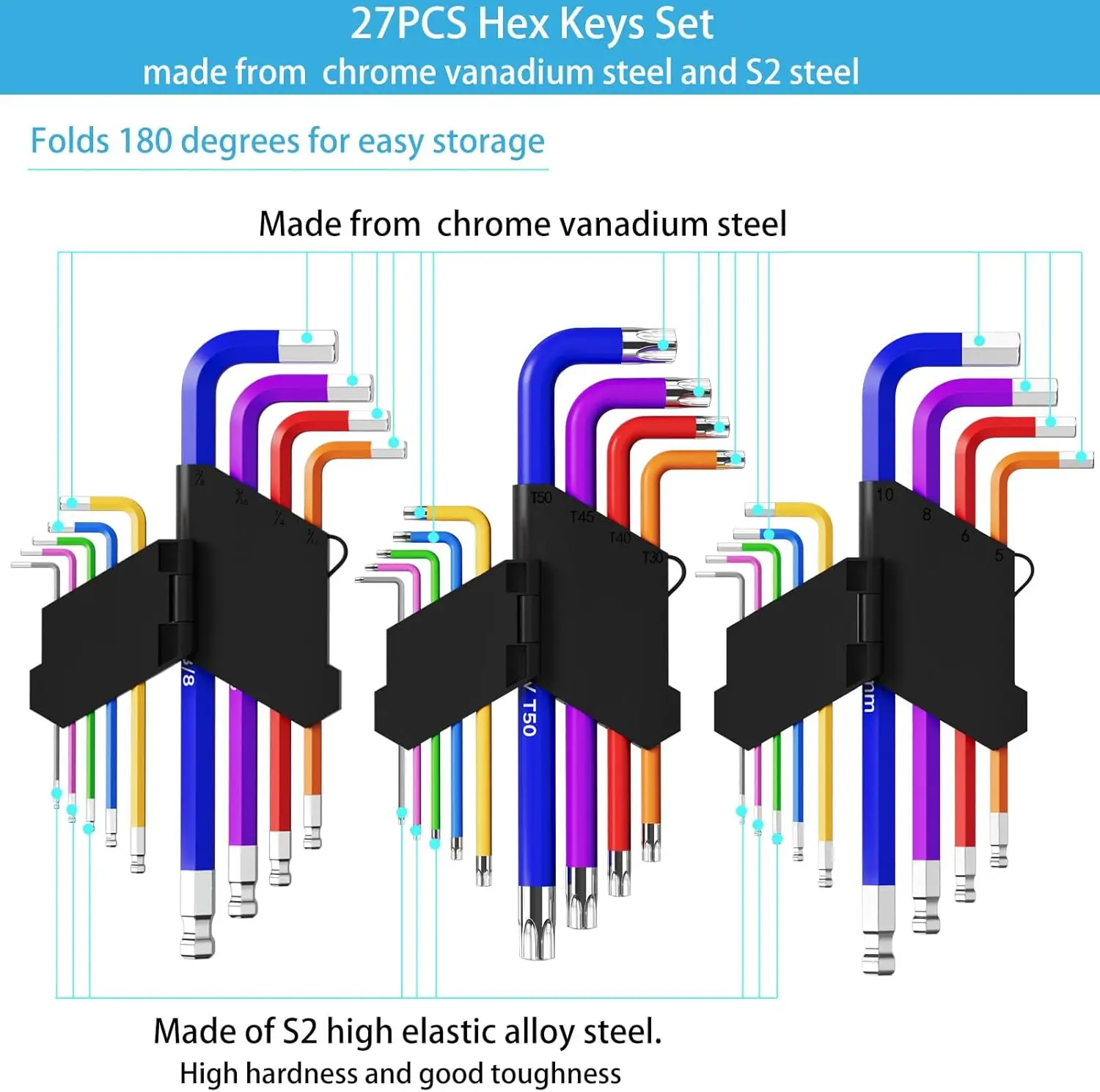 27 PCS Hex Key Set Color-Coded Chrome Vanadium Steel Extended Ball Head With T-handle  Hex Key Wrench