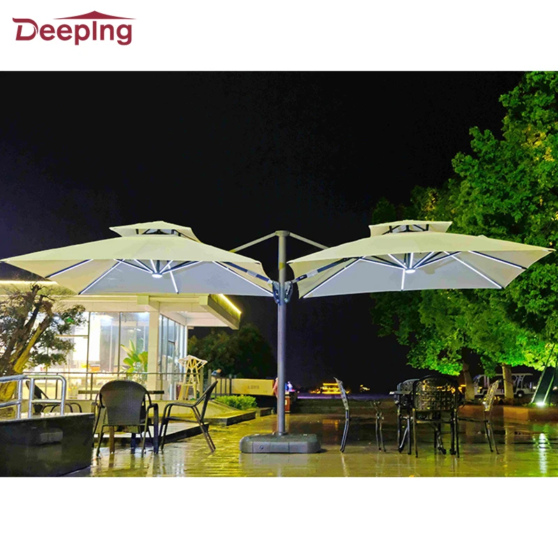 Glamping double head restaurant outdoor umbrella patio parasol large luxury patio outdoor garden umbrella with led lights