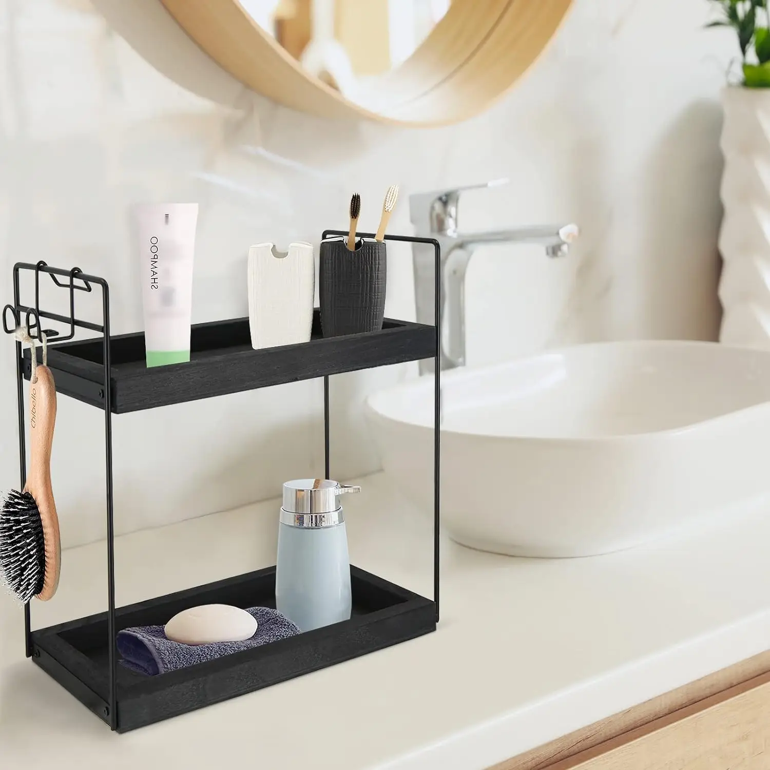 American Style 2-Tier Rustic Wooden Spice Rack Double Tray Kitchen Countertop Organizer Shelf Easy Standing Bathroom Use