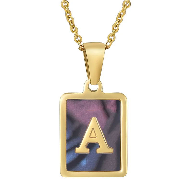 18k Gold  Stainless Steel A-Z Initial Letter Necklace Rectangle Natural Shell Initial Pendant Necklace