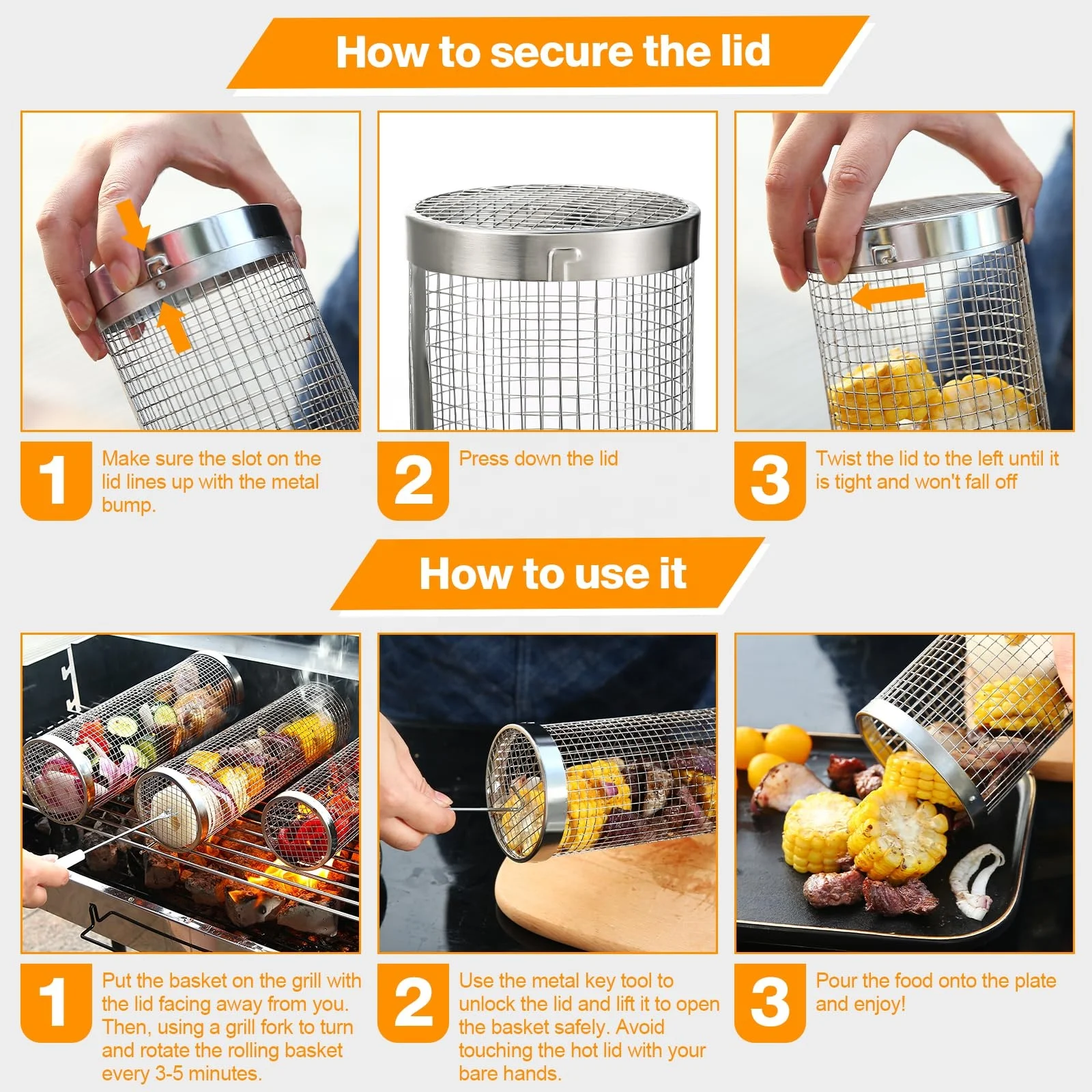 Wholesale New Round Portable Net Tube Cylinder 304 Stainless Steel Bbq Rolling Grilling Baskets For Outdoor Grilling Bbq Net