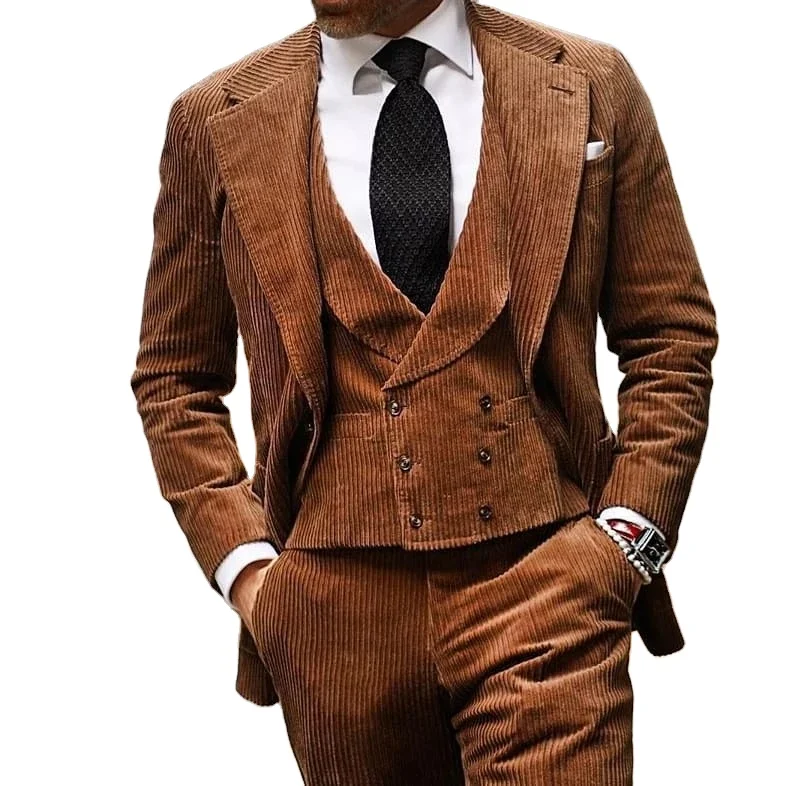 Latest Brown Corduroy Wedding Men Suits Groom Custom Made Tuxedo Prom Terno Masculino Slim Fit Blazer 3 Pcs Jacket+Pant+Vest