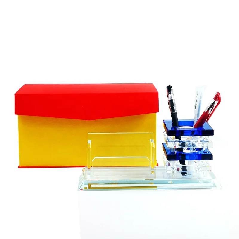 DILU Customized Logo Crystal Pen Holders Box Glass Business Card Tabletop Organizer Desktop Office Desk Stationery Pen Holder