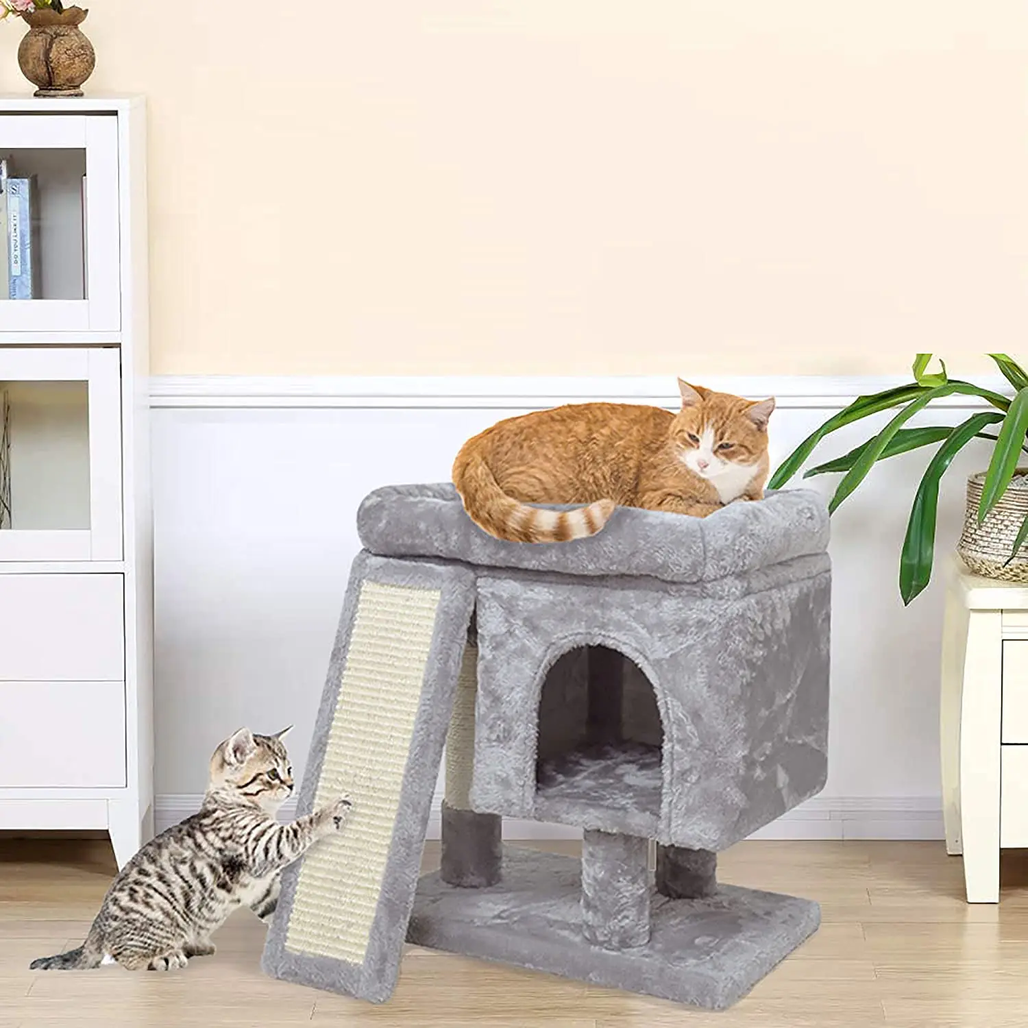Small Cat Tree for Indoor Cats, Modern Cat Activity Tower with Plush Perch Kittens Condo with Scratching Post and Board, Cat Ca