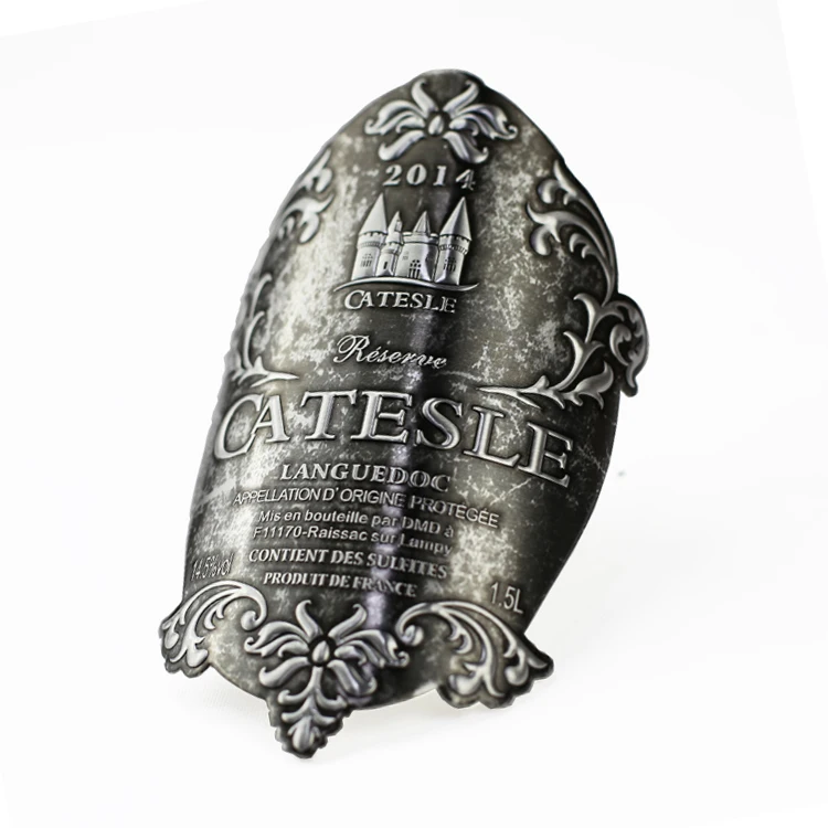 Design Luxury Aluminum Crafts Three Dimensional Embossed Chrome Plated Stickers  Metal Wine Label Logo