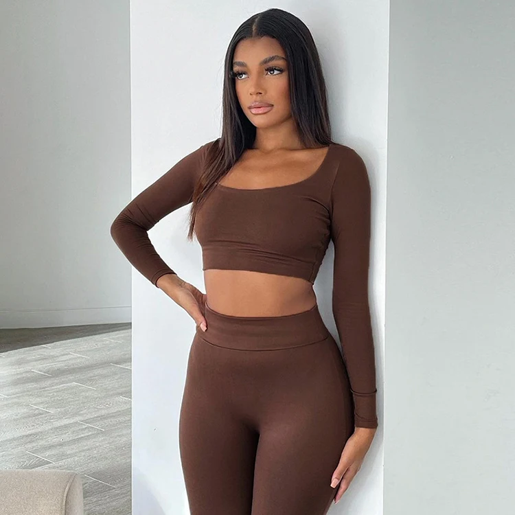 Solid Casual Stretch Top And Pants Fall Clothes Fitness Workout 2 Piece Set For Women Skinny Long Sleeve Woman