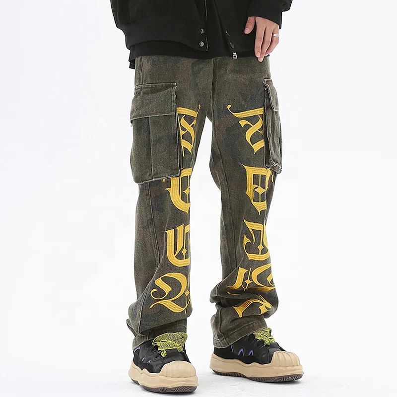 Custom Chicano Gothic Embroidery with Pockets Camouflage Cargo Jeans for Men Straight Streetwear Baggy Denim Pants