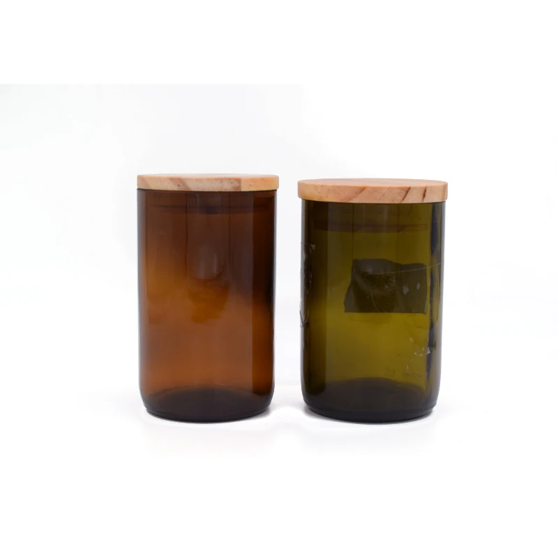 
Wholesale decorative glass candle jar amber with wooden lid 