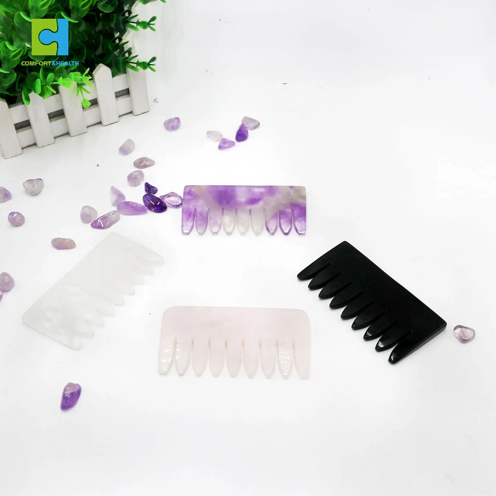 Hot Selling Custom Private Label Rose Quartz Healing Gemstone Massage Circulation Natural Crystal Comb