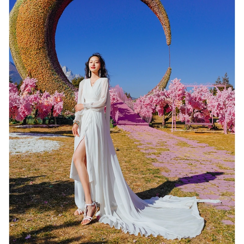 Chiffon Trailing Lantern Sleeve Long Skirt Annual Party Dress Mopping Floating Dress