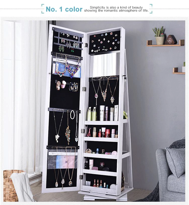 360 Degree Free-standing Revolving Mirror Cabinet Wooden Full Body Mirror Multi Jewelry Storage Mirror Cabinet for Living Room