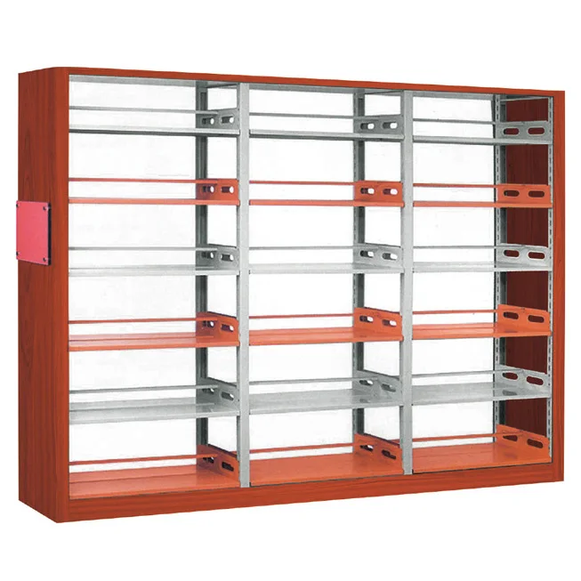 Прочная школьная мебель для библиотеки, двухстоечная деревянная стальная двухсторонняя книжная полка