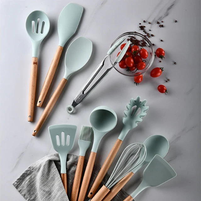 BPA Free Food Grade Cooking Utensils 11 Pieces Wooden Silicone Kitchen Accessories Utensils Set with Spoon Turner Spatula