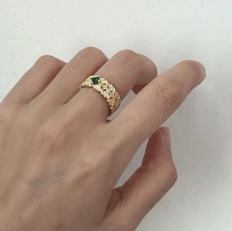 empire style jewelry 925 sterling silver gold plated emerald green s925 anillos de plata adjustable band rings for young