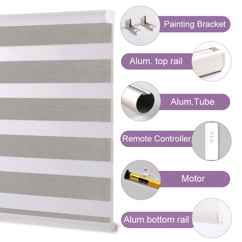 High quality zebra fabric motorized electric solar panel battery AOK motor operate zebra blinds roller shades for windows