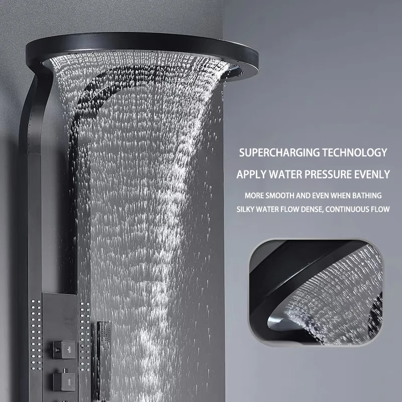 2024 TikTok Hot Sale Black Multifunction Bathroom Waterfall Rainfall Stainless steel Shower Panel Column Sprinkler Massage Set