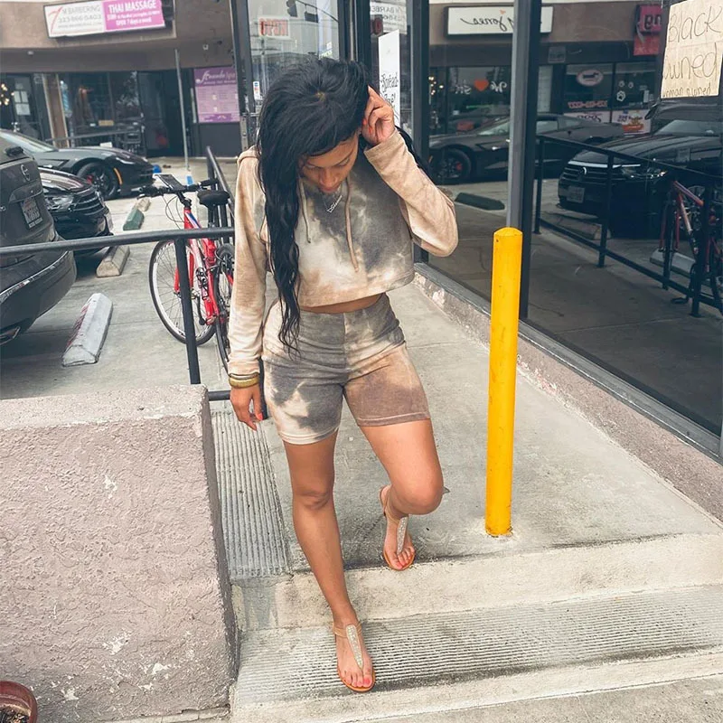 
2021 Summer Fashion Tie Dye Long Sleeve Hoodies Outdoor Sports Jogging Yoga Running Casual Women Two Piece Pant Set 