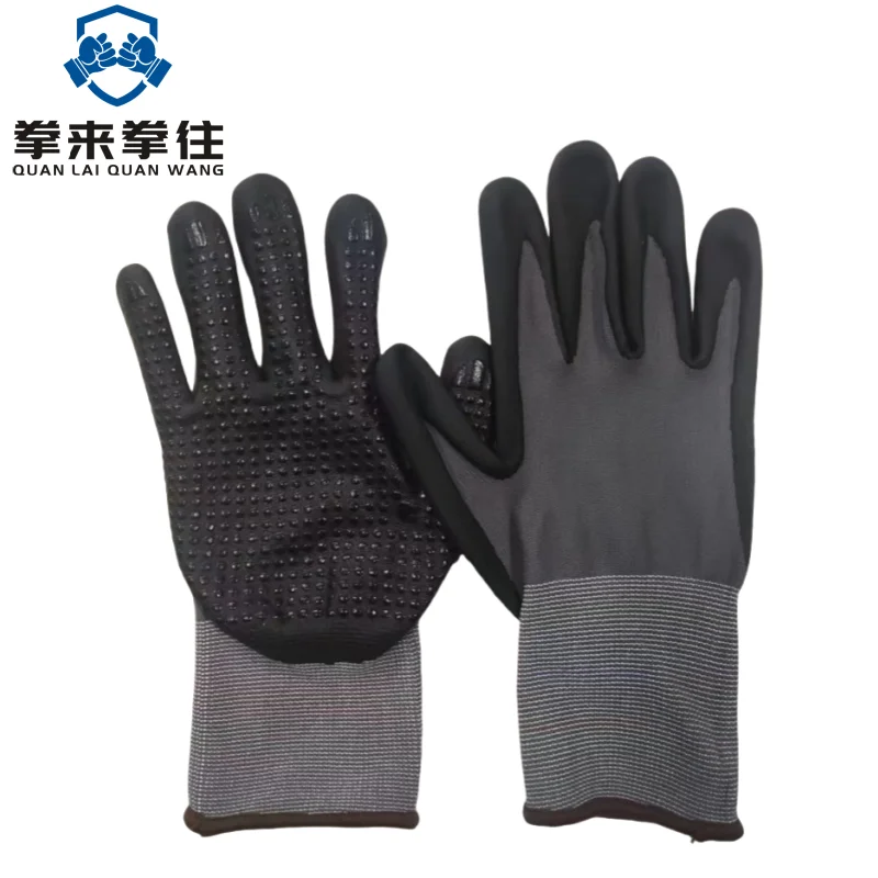 15g nylon spandex liner nitrile foam coated glove spandex nitrile coated safety pvc dots gloves latex gloves