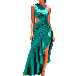 irregular side slit backless off shoulder Dress Cotton hollow One Shoulder patchwork sexy women dresses green 744426