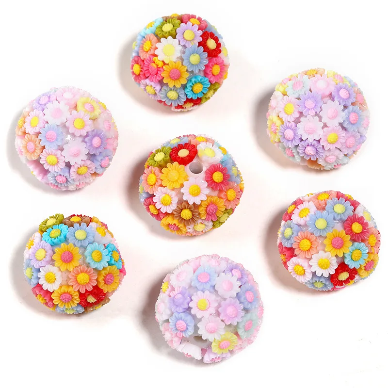 Heavy acrylic flower ball beaded color resin small flower through hole round beads diy loose bead jewelry accessories