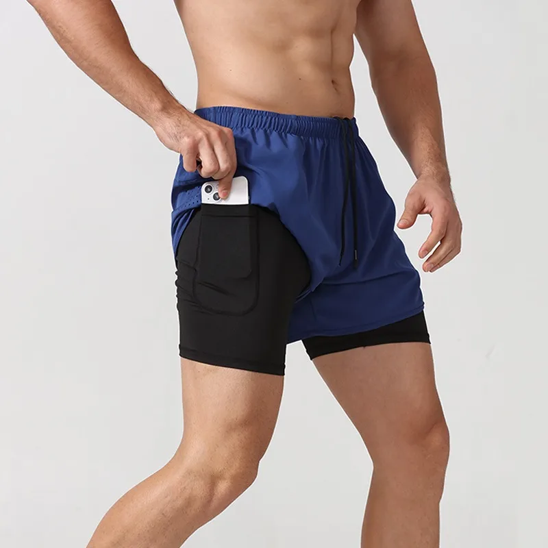 Custom Logo Double Layer Lined Quick Dry Training Active Shorts Casual Built in Gym Sport Fitness Running Short Summer Men 50 Cs