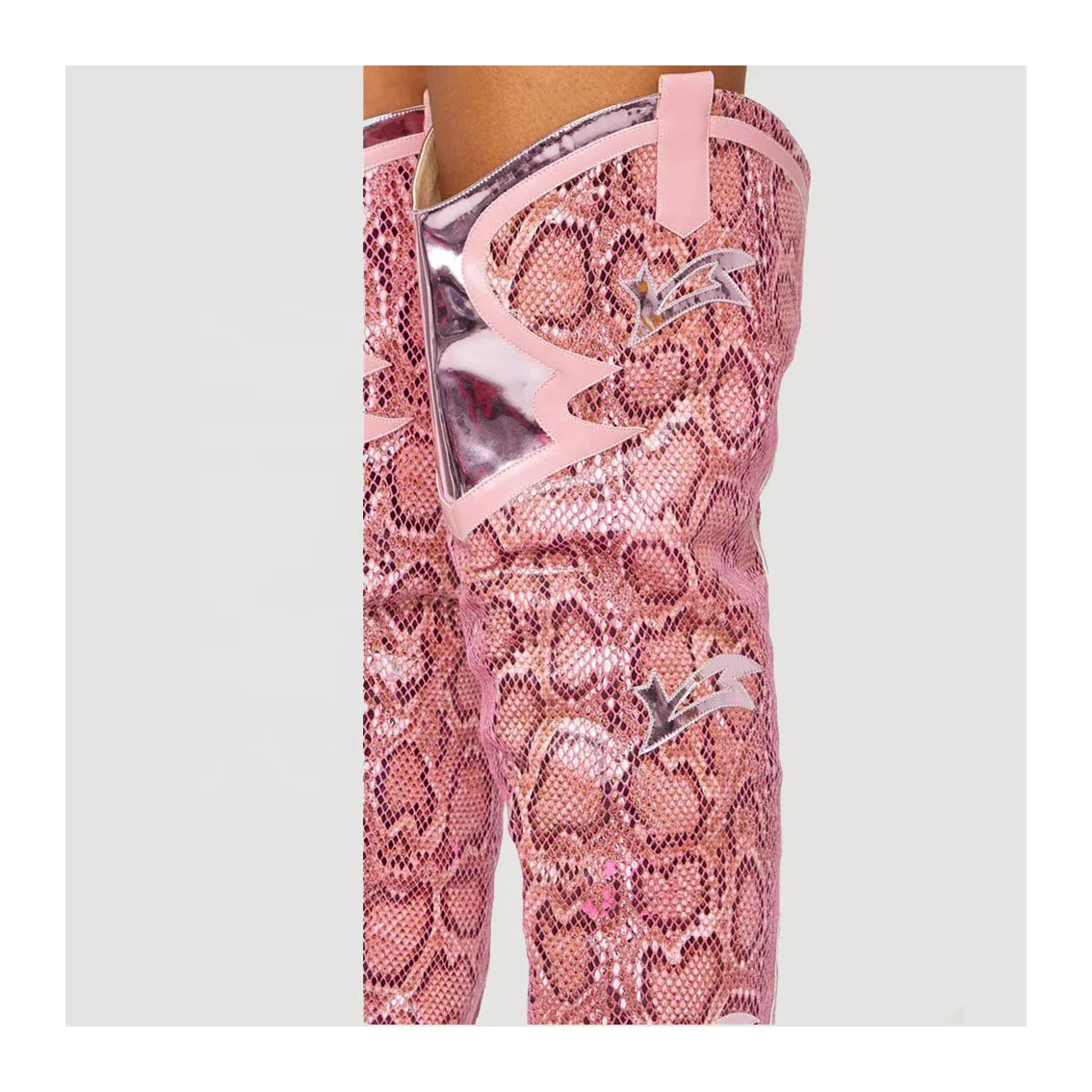 women pink cotton mesh fabric with snake print leather chunky heel thigh high boots