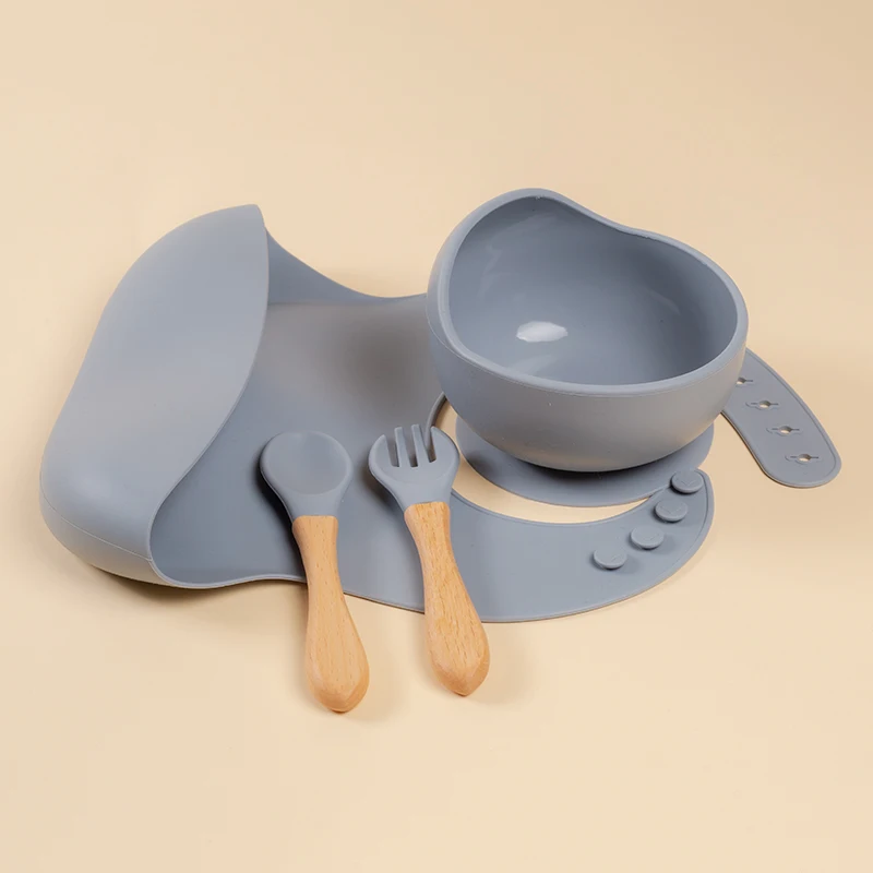 
New arrival baby silicone bib bowl wood spoon fork set baby set bib spoon bowl set silicone baby bowl spoon fork succion 