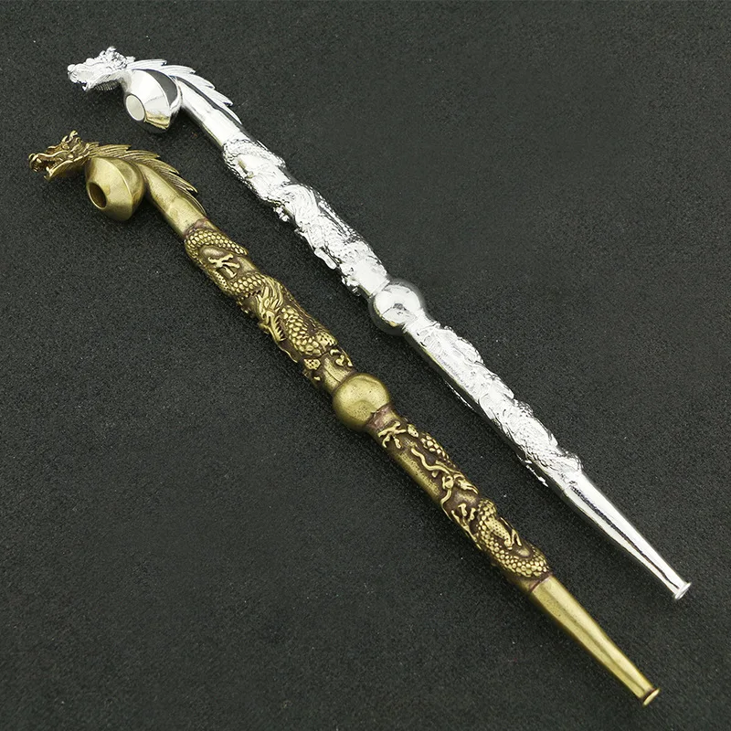 Antique crafts lengthened brass Shuanglong Pearl smoking set silver-plated pipe crafts ornaments