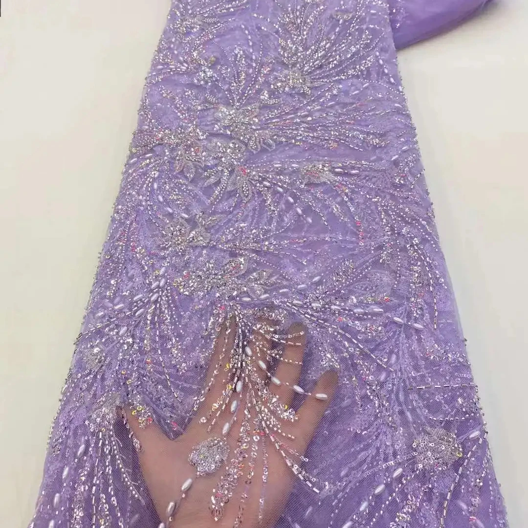 Nigerian lilac purple diamond embroidery lace fabric