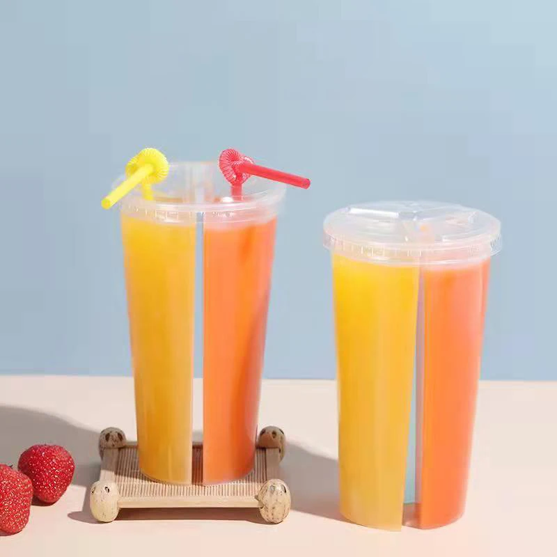 100 pcs 700 ml disposable 3 compartments PP plastic cup Share twin Plastic Milk Tea Cup with lid
