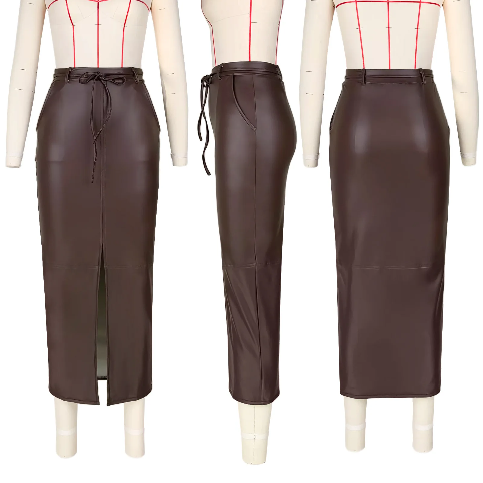 Think 2023 New Fall Women Clothing Trendy Drawstring Split Skirt Stretch Midi Leather Skirt for Ladies