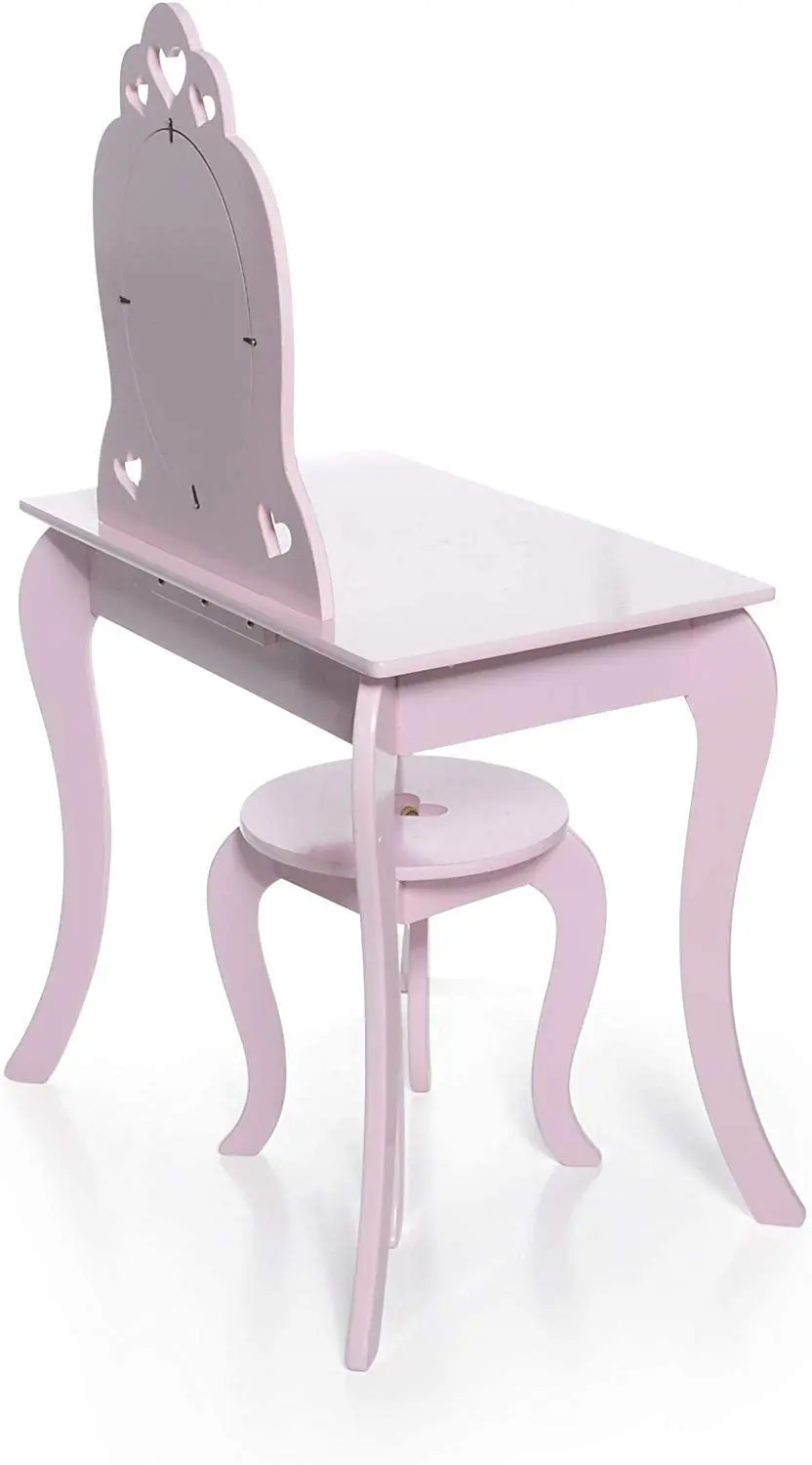Pink Color Stool Kids Fairy Design Wooden White Kids Study Table Set Children Make Up Desk And Chair With Mirror