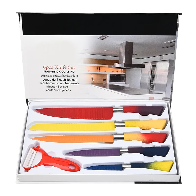 Popular spray rubber plastic covered gradual change horseshoe handle 6-piece set kitchen knife set in gift box