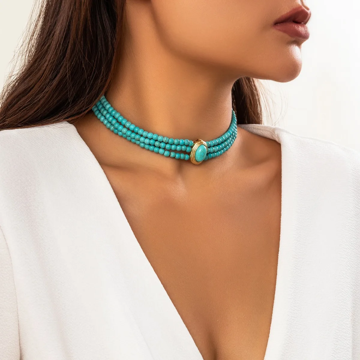 Light Luxury Fashion Pearl Neckchain Jewelry Set Wholesale Trend Turquoise Beaded Vintage Necklace