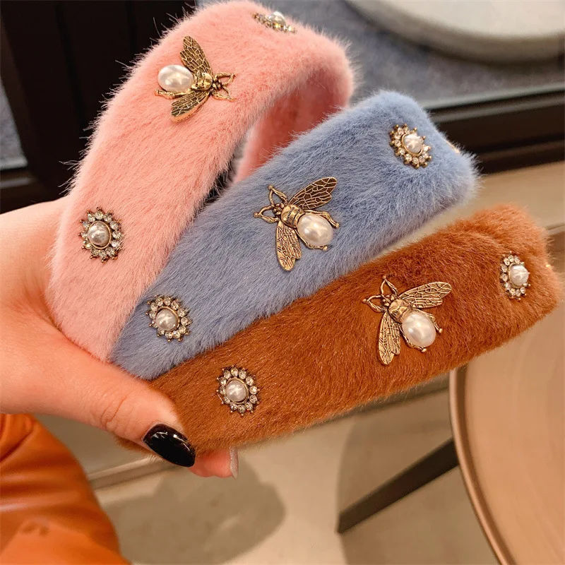 Designer Headband Fur Bee Headbands Women Hair Accessories Knot Headband Pearls Diamond Plush Wide Edge Hair Bands For Women